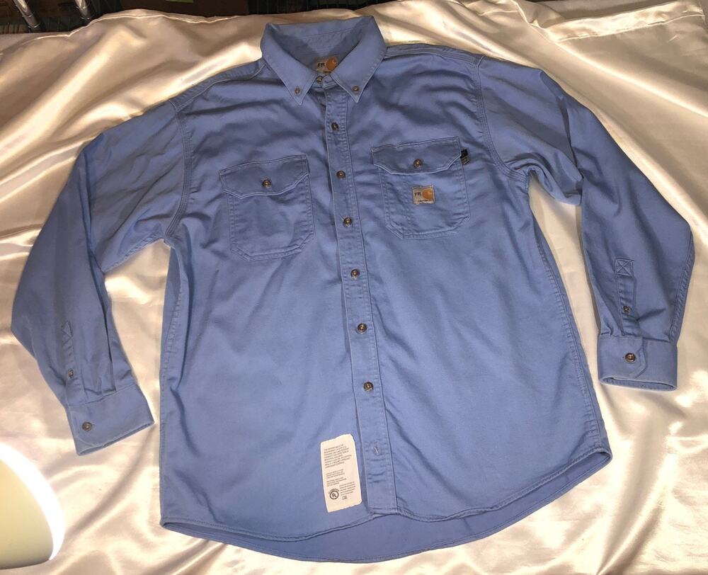 Carhart FR Shirt Button Down Flame Resistant Workwear Utility Lt Blue Mens Sz L